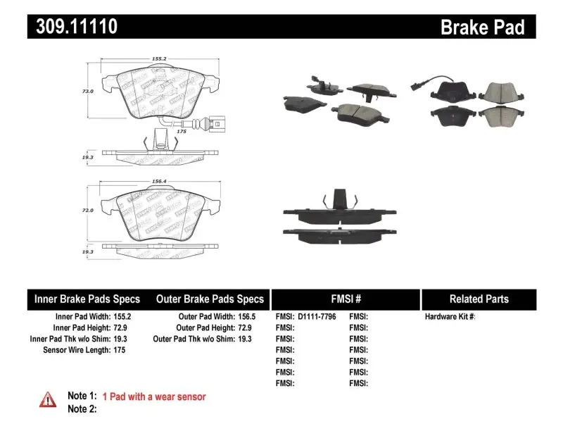 StopTech Performance 08 13 Audi TT Quattro 12 VW Golf R Front Brake Pads