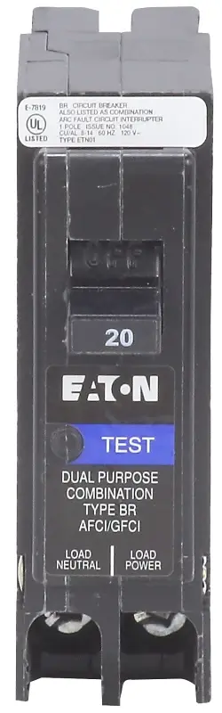 Eaton BRP120DF Circuit Breaker, AFCI, BR, GFCI, 20 , 1-Pole, 120 VAC, Plug