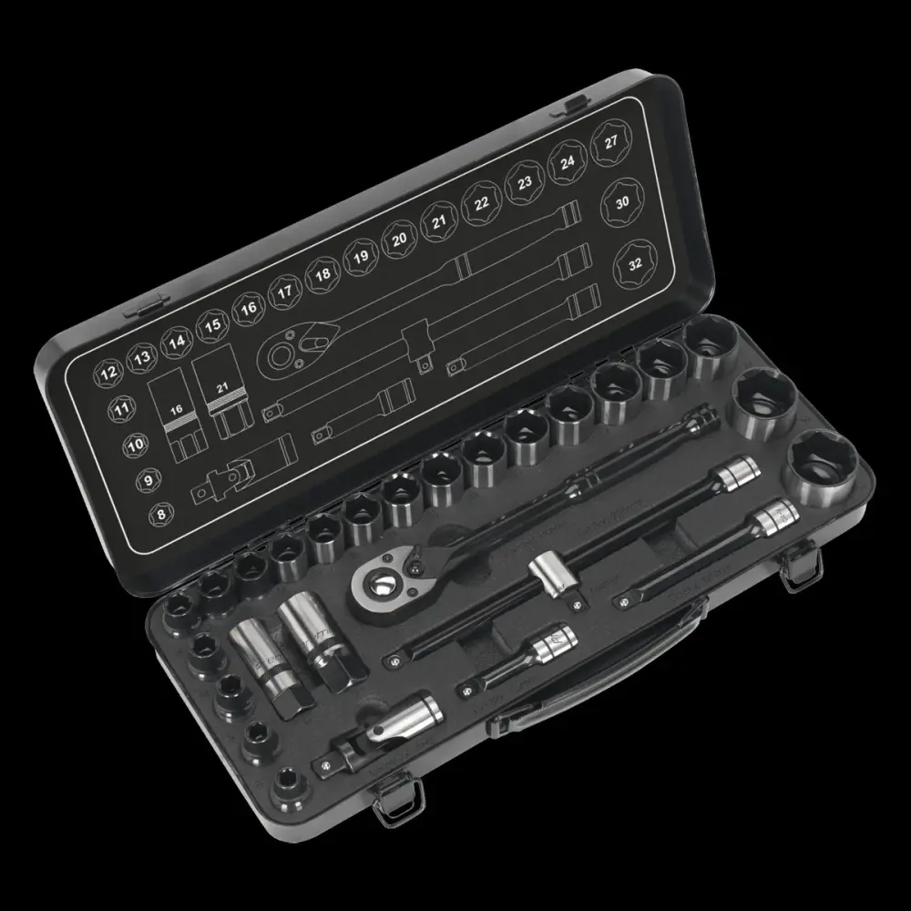 Sealey AK7972 Socket Place 28pc 1/2"Sq Drive 6pt WallDrive® Metric Black Series