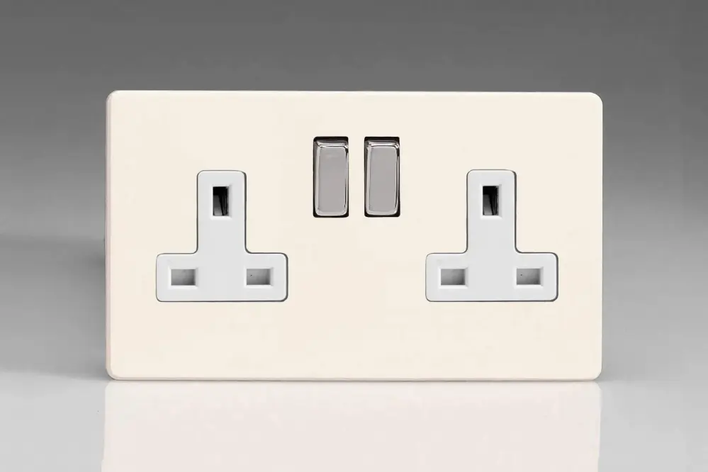 Varilight Primed Ready to Paint Flat Plate Screwless 2-Gang 13 Amp Switched Plug Socket Snow Inserts