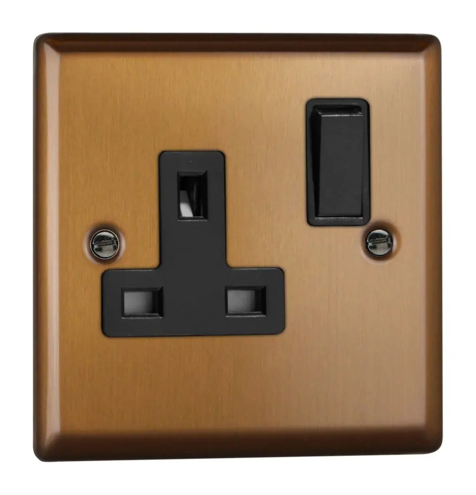 Varilight Urban Brushed Bronze 1-Gang Twin Pole Switched 13 Amp Plug Socket Black Insert