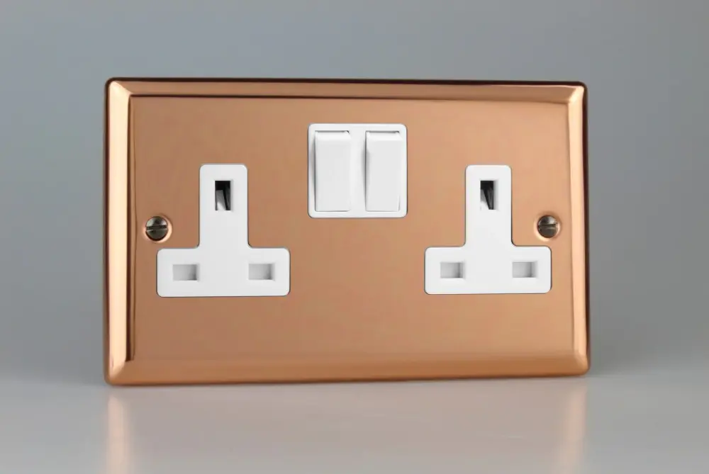 Varilight Vintage Polished Copper 2-Gang 13 Amp Switched Plug Socket White Insert
