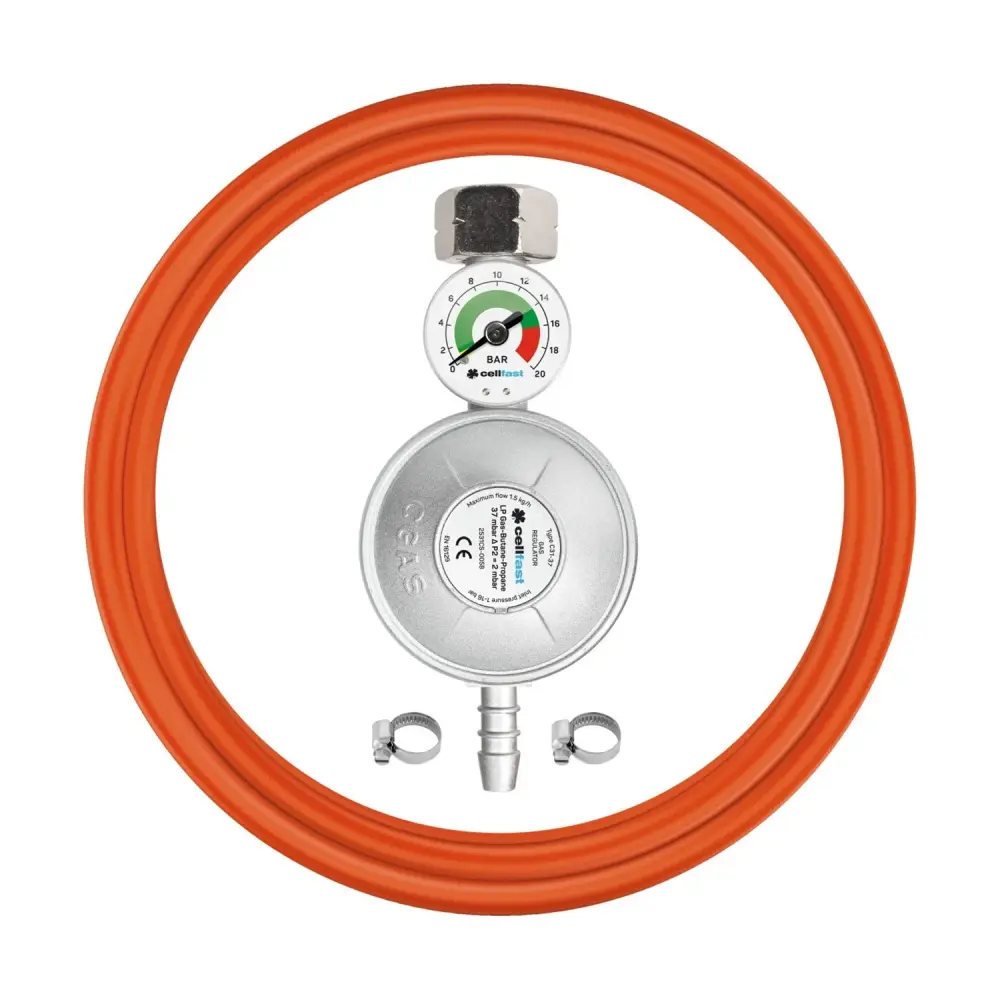 Gas regulator pressure gauge, hose 2 x band KIT Cellfast FixItFast
