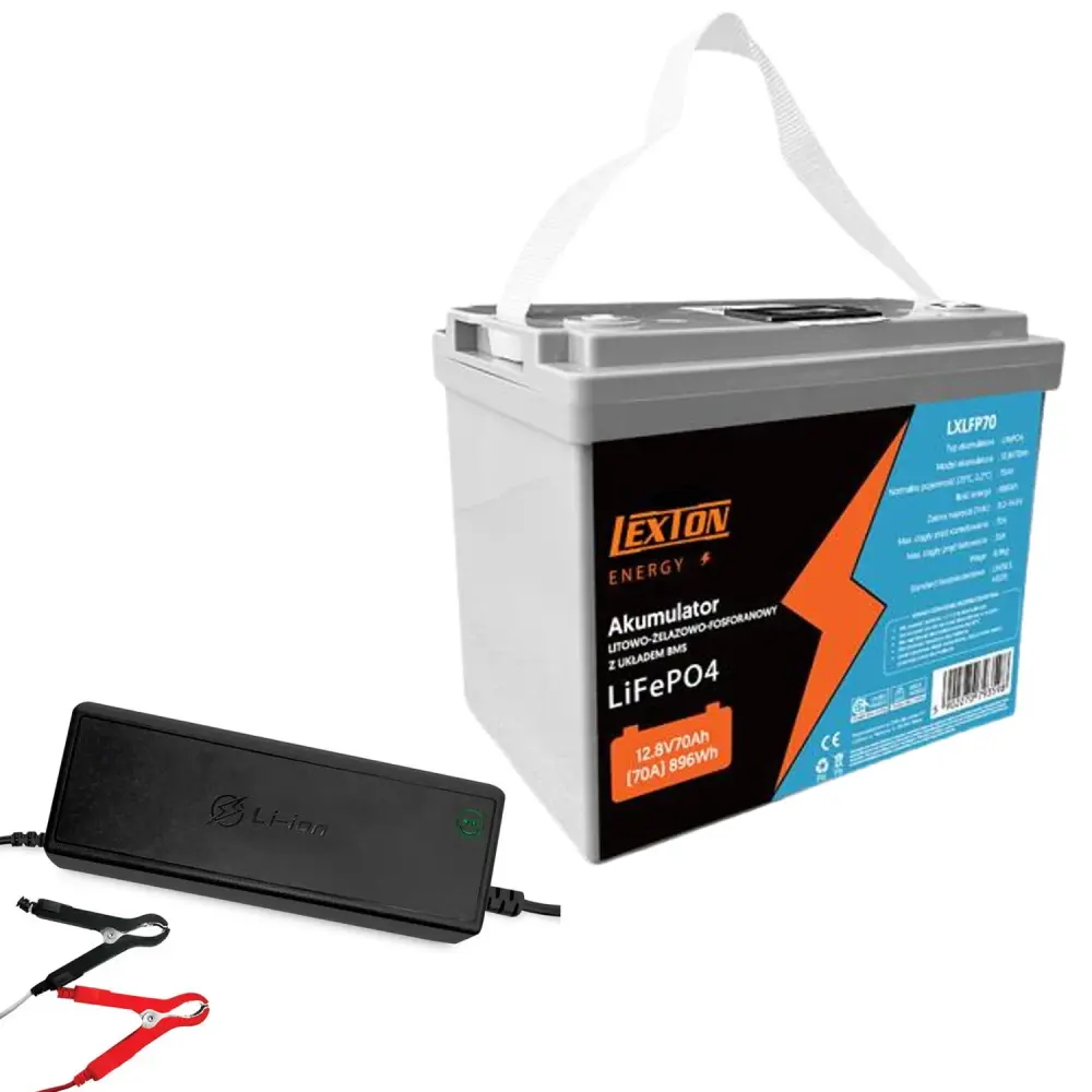 LiFePo4 Lexton lithium-iron-phosphate battery, BMS, 12.8V, 70Ah, LXLFP70 + LTC Energy LiFePO4 battery charger
