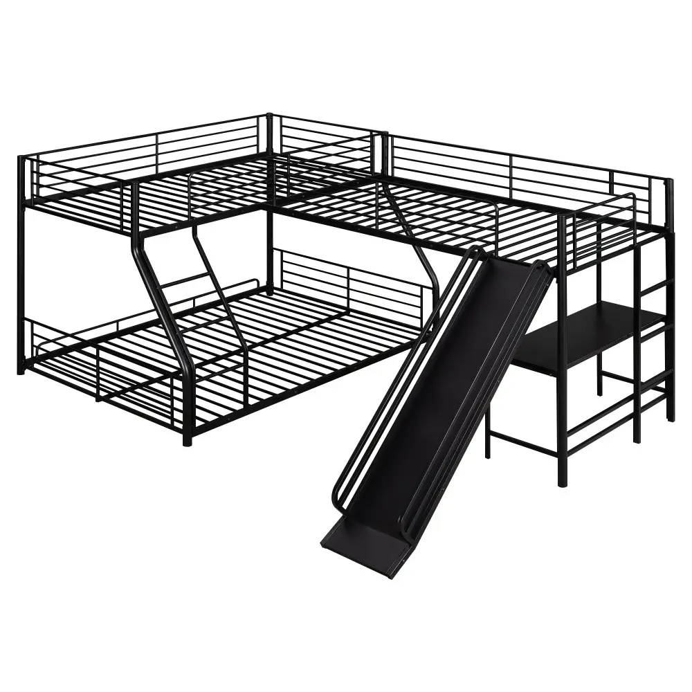 L-Shaped Twin Over Full Bunk Bed Twin Loft, Built Desk And Slide - Jet-black