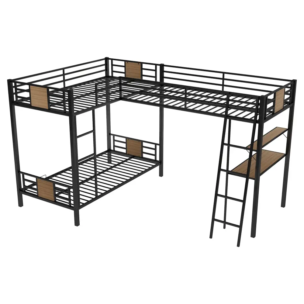 L-Shaped Twin Over Twin Bunk Bed Twin Size Loft Bed Desk And Shelf - Espresso