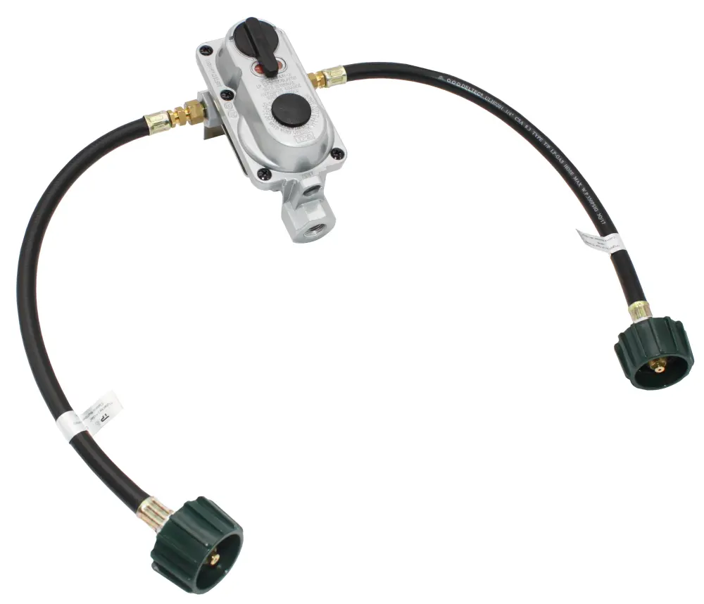 Flame King 2 Stage Auto Propane Gas Regulator Pls Cover & Tall Mount Bracket & 2-15″ Pigtails