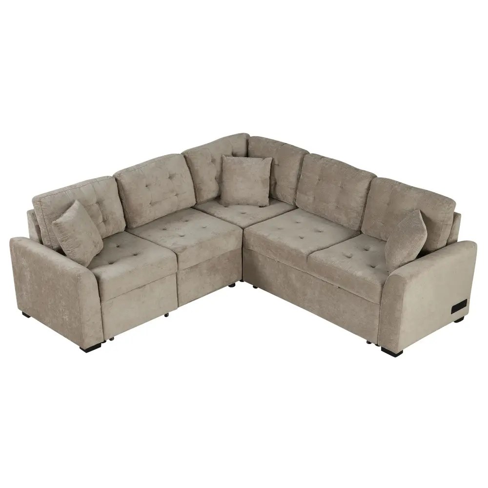 RV Flooring L-Shape Sofa Bed Pull-Out Sleeper Sofa Wheels, USB Ports, Power Sockets Living Room
