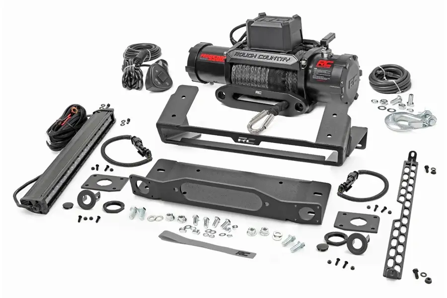 2021-25 Ford Bronco Rough Country High Winch Mount w/ PRO9500S Winch and 20in DRL Airy Bar