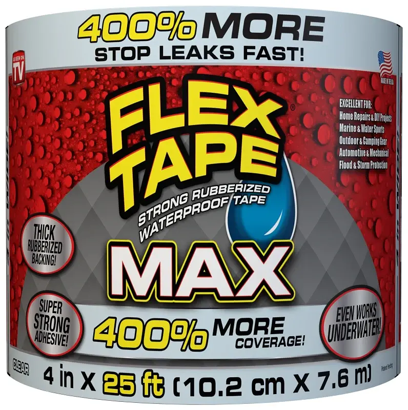 Flex Tape TFSMAXCLR04 Tape, 25 ft L, 4 W, Tpr Backing, Clear