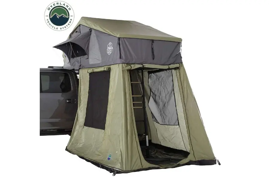 Overland Vehicle Systems Roof Top Tent Annex Nomadic 4 Extended Roof Top Tent, Olive Base Black Floor & Travel Cover