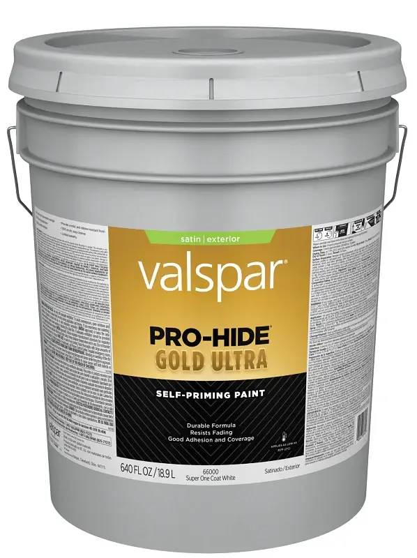 Valspar Pro-Hide Gold Ultra 6600 028.0066000.008 Latex Paint, Acrylic Base, Satin Sheen, Super One Coat Snow, 5 gal