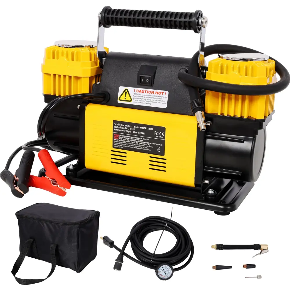 Heavy Duty 12V Dual Cylinder Air Compressor, Tire Inflator Gauge - Yellow / Black